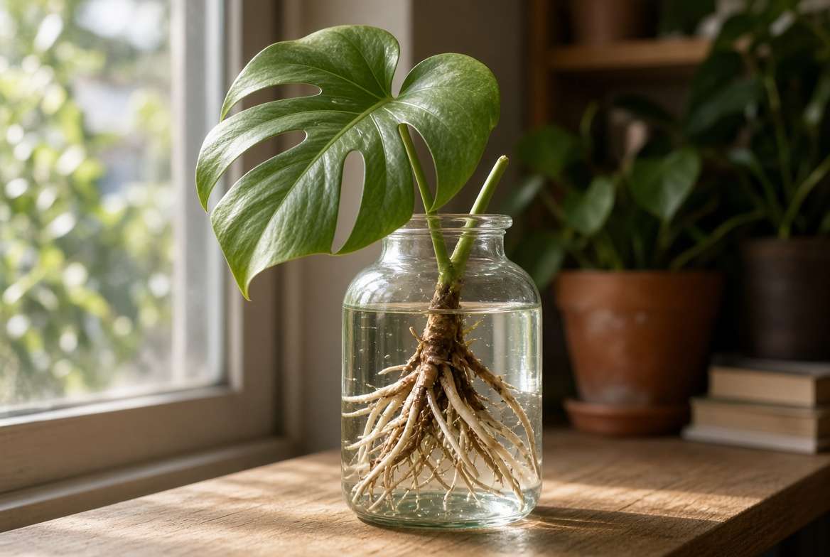 A Monstera plant cutting with visible roots propagating in a clear glass jar of water on a sunlit windowsill.