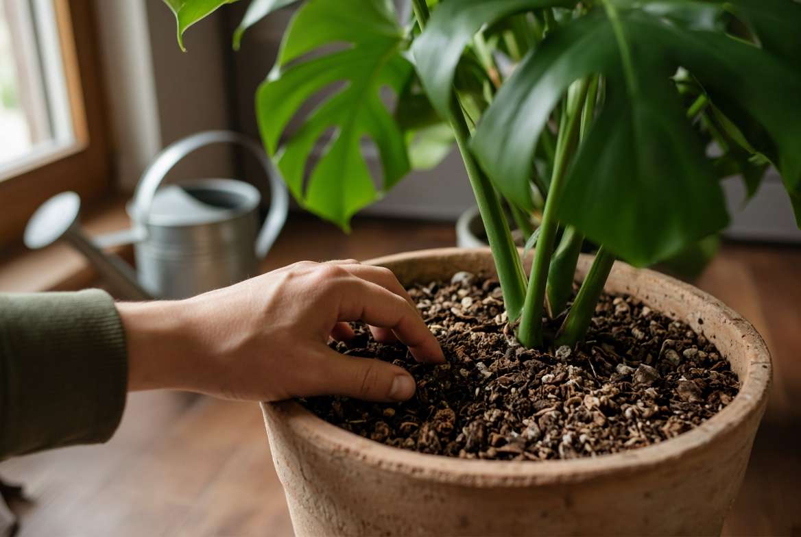 A person checking the moisture of a Monstera plant’s soil using their fingers in a terracotta pot.