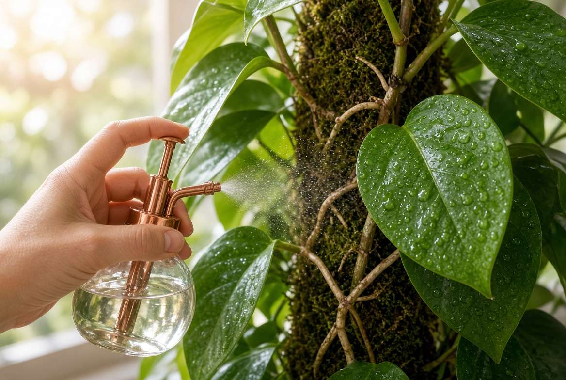Hand misting the moss pole and aerial roots of an indoor vanilla bean plant.