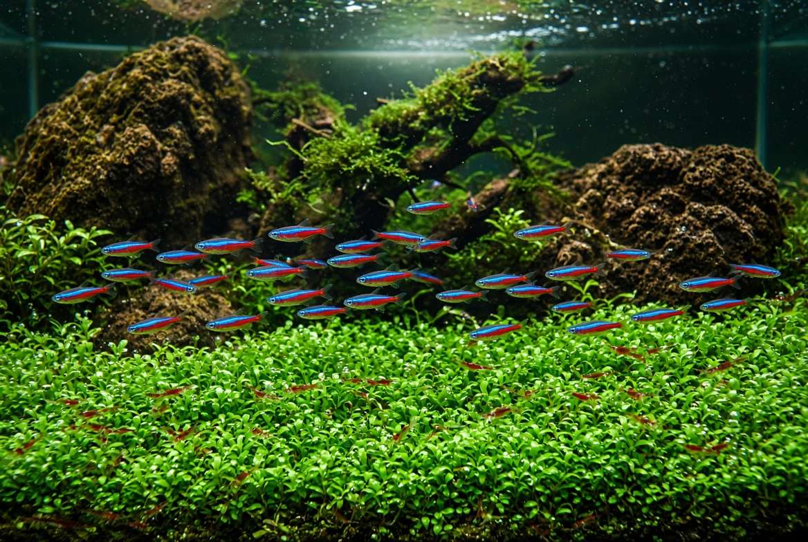 A dense, thriving foreground carpet of aquatic plants in a freshwater aquarium with small fish and shrimp foraging.
