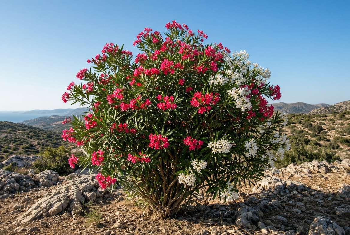 Large, mature oleander plants with vibrant pink, red, and white flowers thriving in a natural, dry, and rocky Mediterranean landscape under full sun.