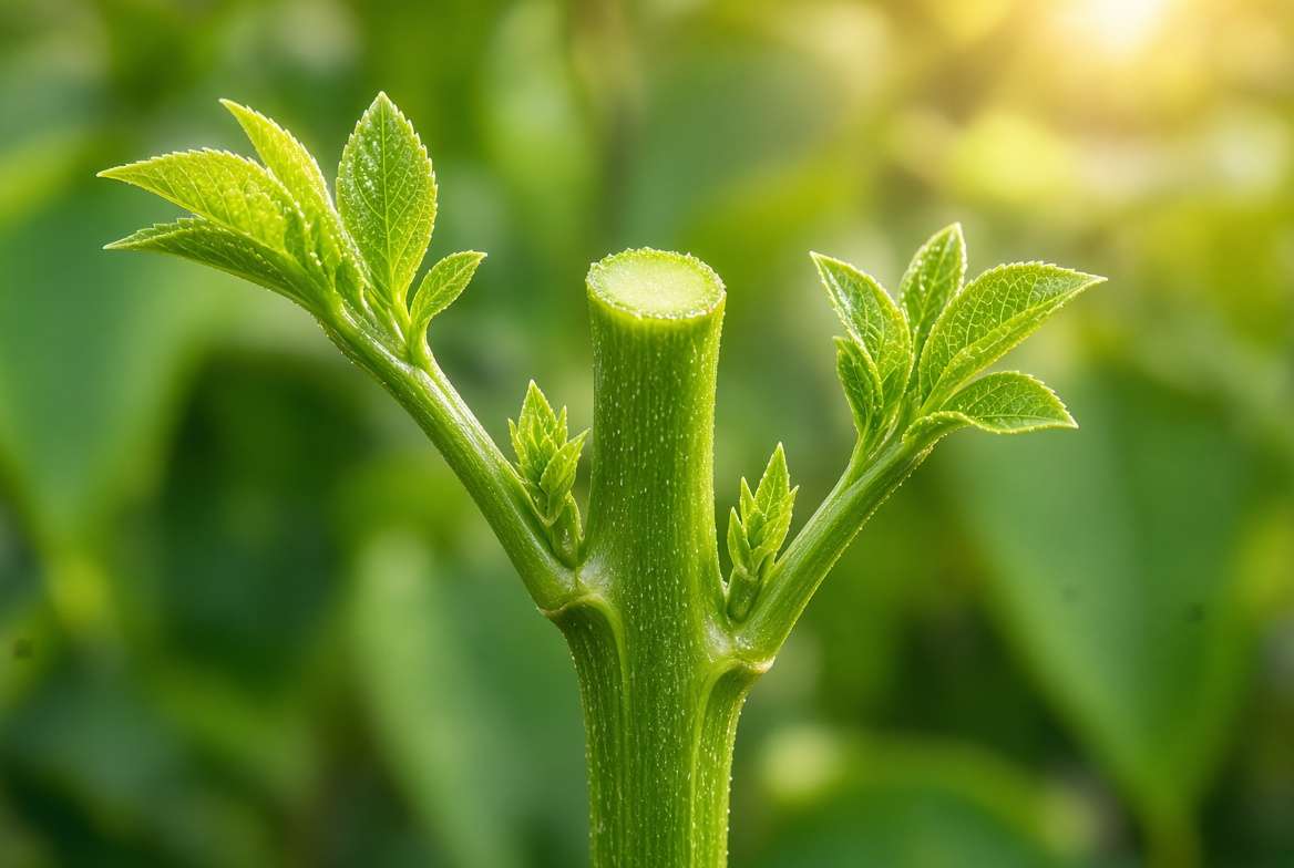 Close-up of a topped plant stem showing two new lateral branches growing to create a bushier canopy.