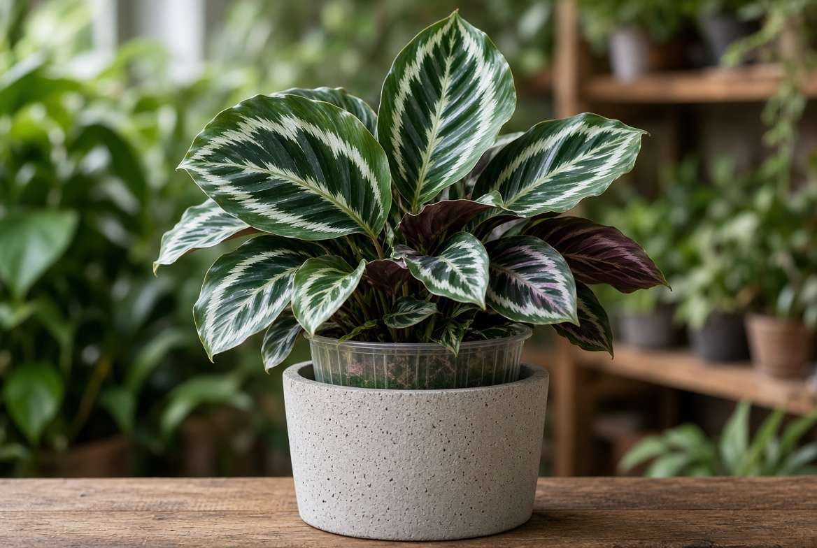 A thriving, patterned Calathea Stella houseplant with white variegation and pink leaf undersides in an indoor garden setting.