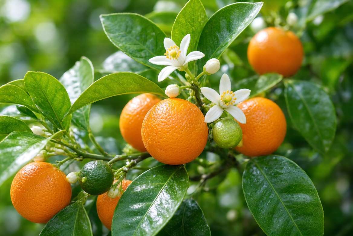Close-up of a calamondin tree branch displaying mature orange fruit, green fruitlets, and white flowers simultaneously.