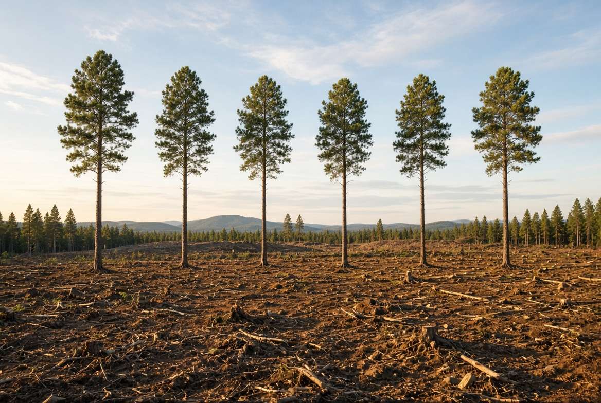 Mature seed trees left standing in a forest clearing after a timber harvest.