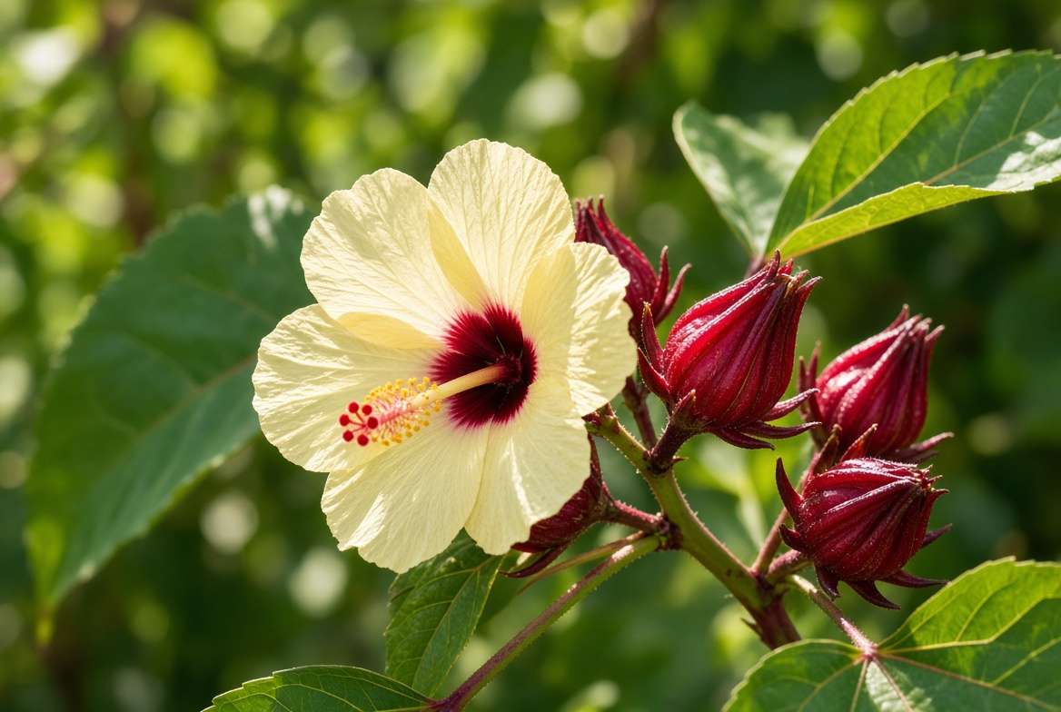 Close-up showing the pale yellow flower and emerging red calyx of a roselle hibiscus plant in natural sunlight.