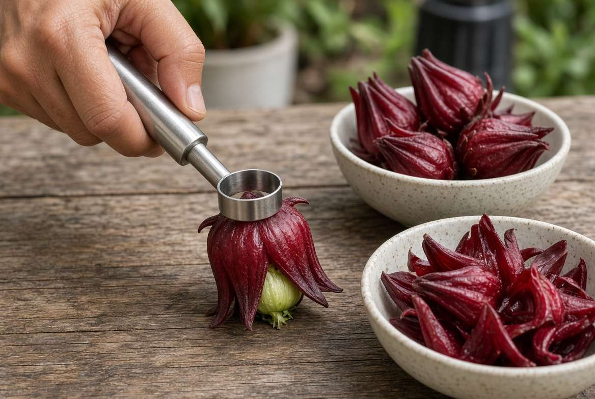 Demonstrating how to use a corer to remove the internal seed pod from a fresh roselle hibiscus calyx.