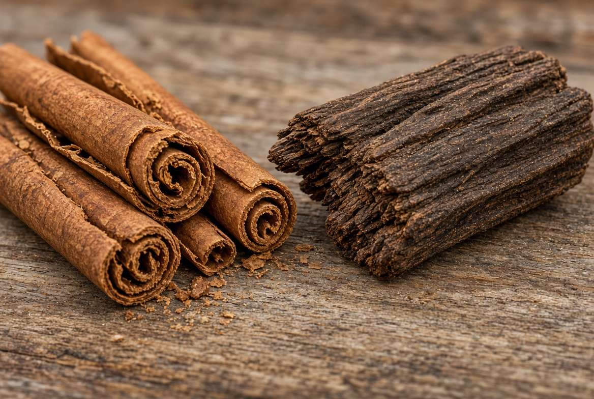 Side-by-side comparison of true Ceylon cinnamon quills and thick Cassia cinnamon bark.