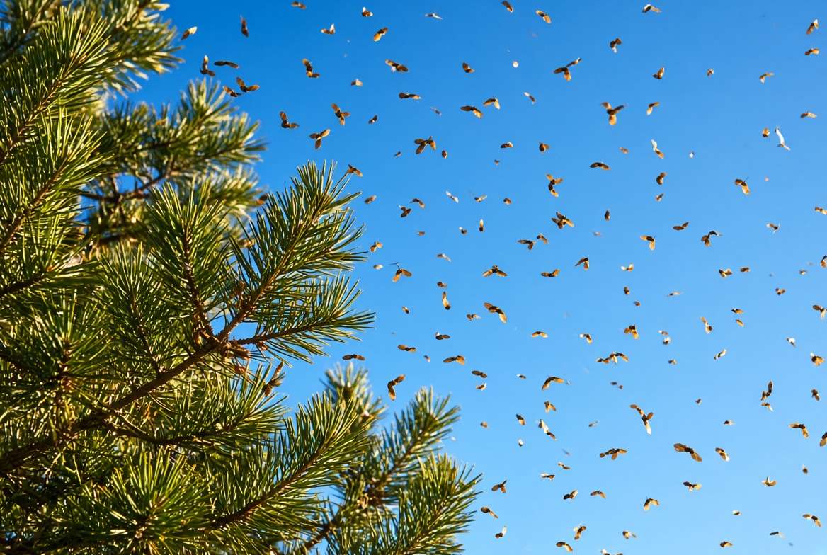 Wind-dispersed pine seeds blowing from tall coniferous trees for natural regeneration.