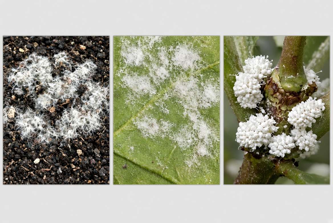 Side-by-side diagnostic comparison photos showing saprophytic soil mold, powdery mildew on a leaf, and mealybugs on a stem for visual identification.