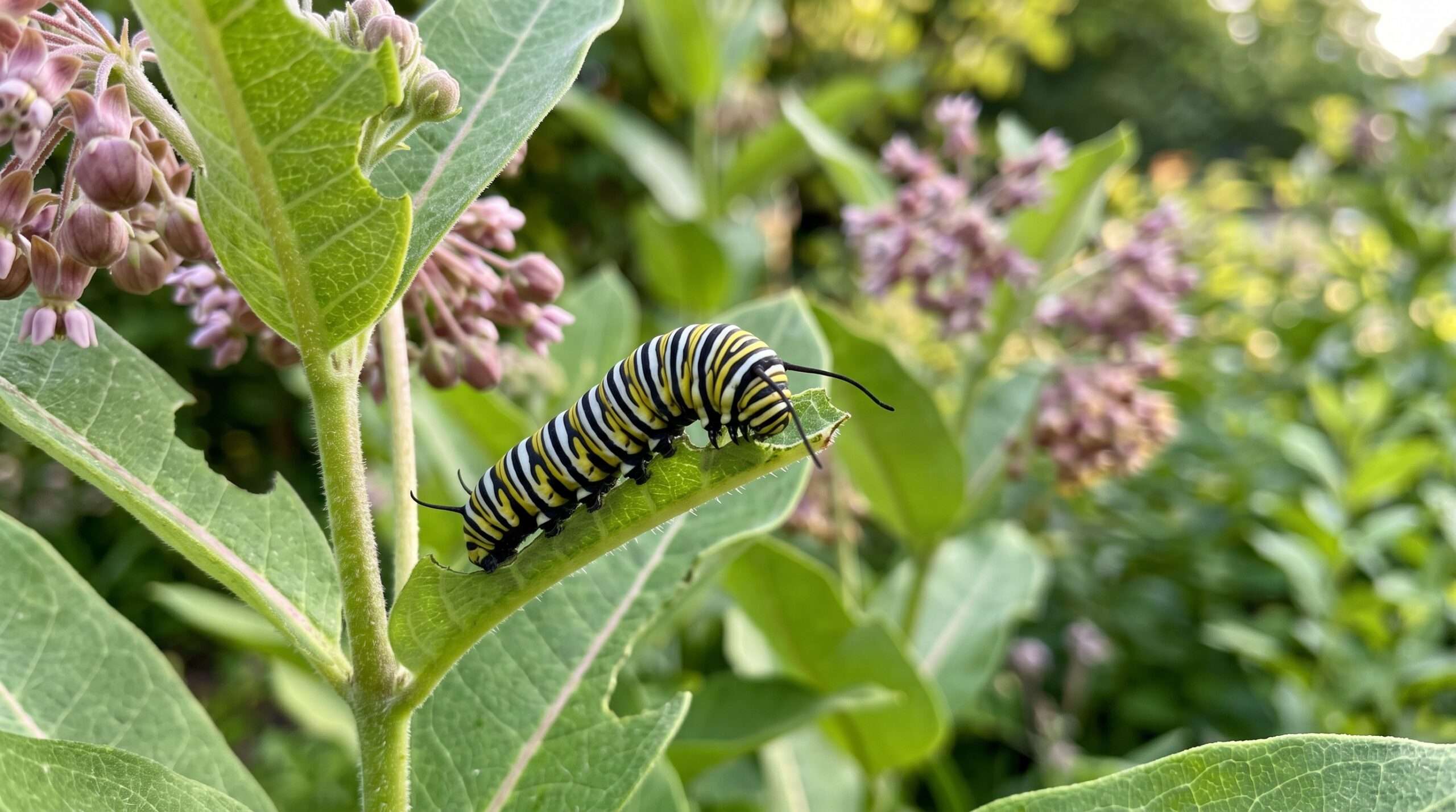 A close-up of a striped monarch caterpillar feeding on a green milkweed leaf in a garden.