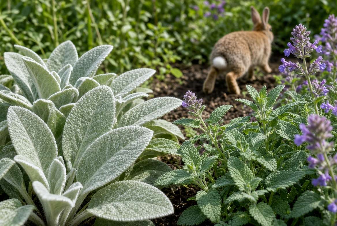 Close-up of velvety silver Lamb's Ear and blue Catmint in a sunny garden bed, showcasing textures that deter rabbits.