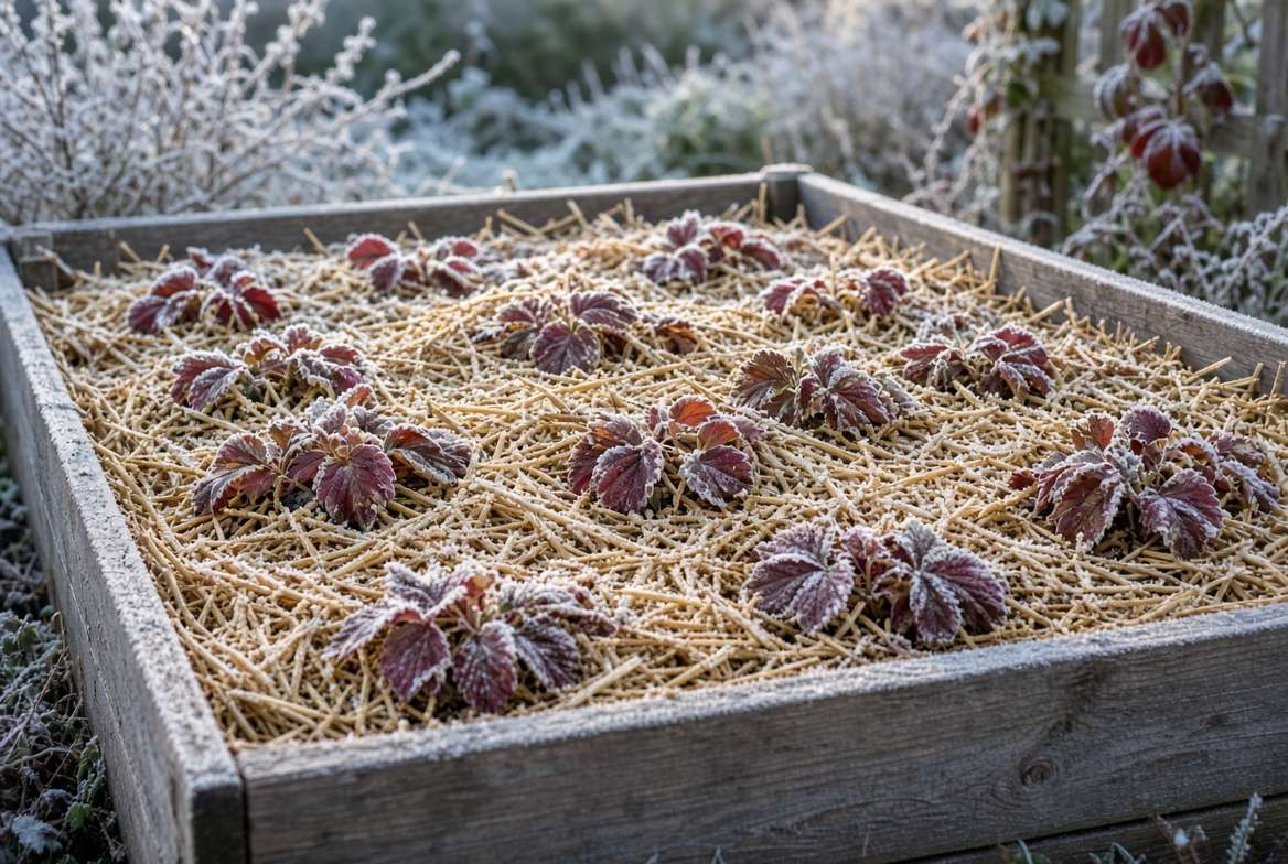 Dormant strawberry plants with red foliage protected by a thick layer of straw winter mulch covered in light frost.
