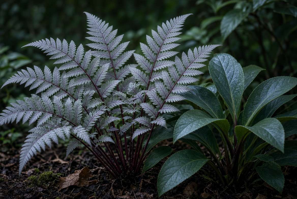 Striking contrast in a shade garden between silvery-green Japanese Painted Fern and glossy, dark-leaved Hellebore, which rabbits avoid