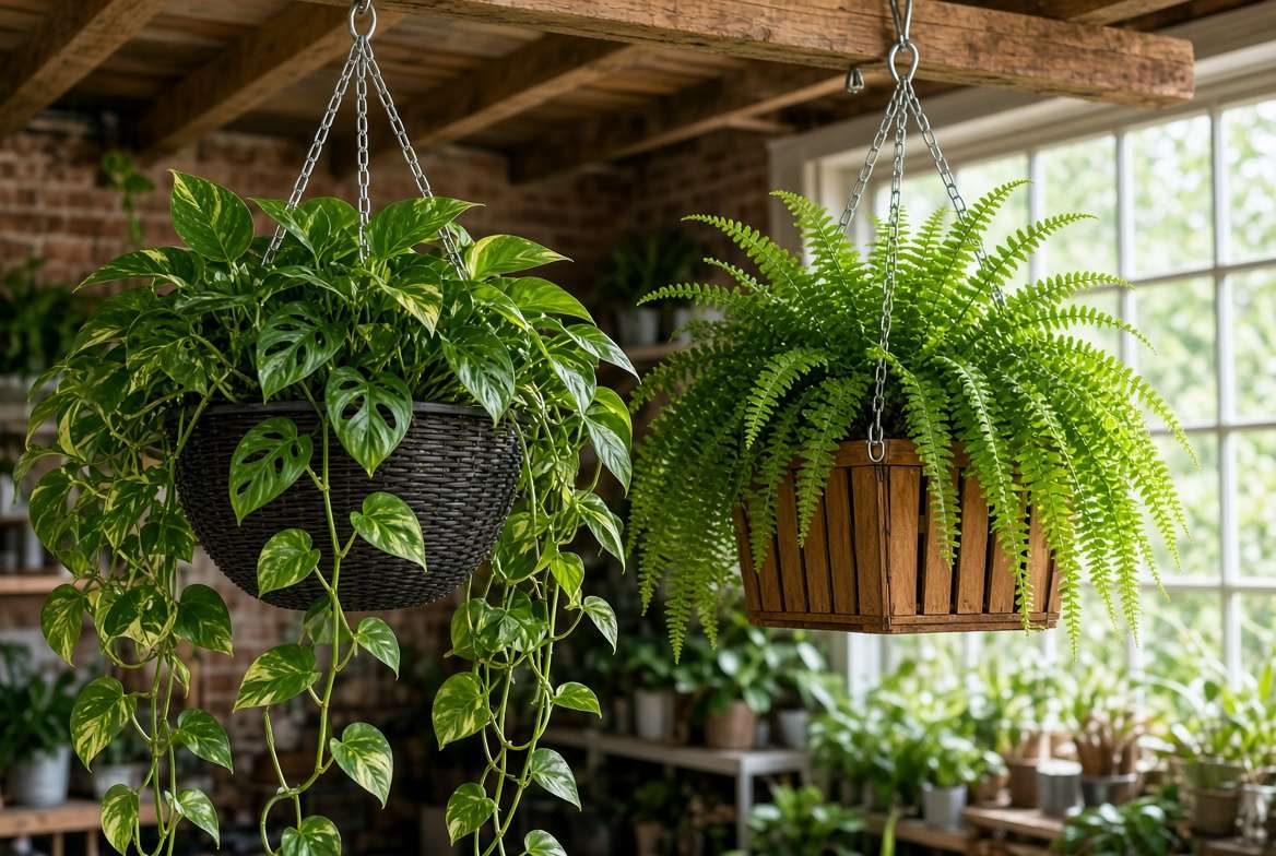 A large double-walled resin wicker hanging basket and a slatted wooden hanging planter filled with lush trailing plants.