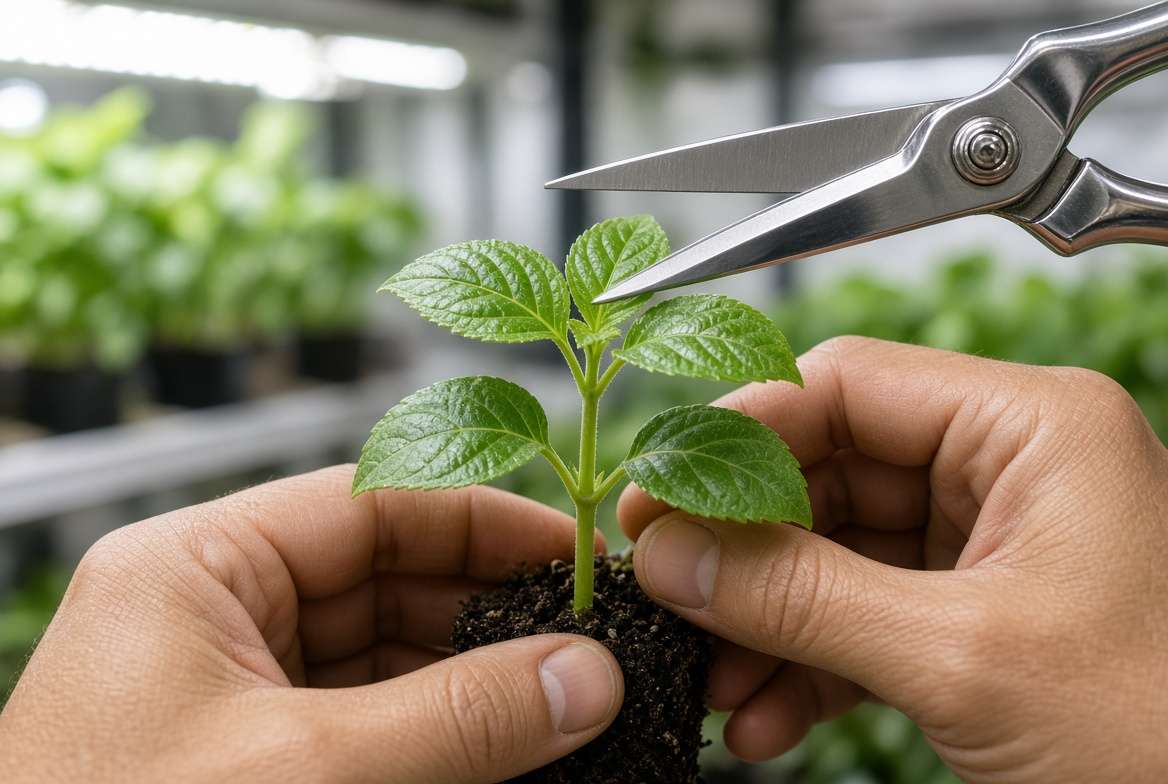 Gardener preparing to top a young vegetative plant exactly above the fourth node with clean pruning shears.