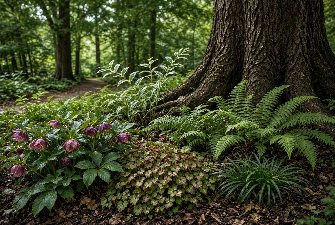 Tough shade-loving perennials, including Epimedium (Barrenwort) and Helleborus (Lenten Rose), thriving together in the dry shade under a mature tree.