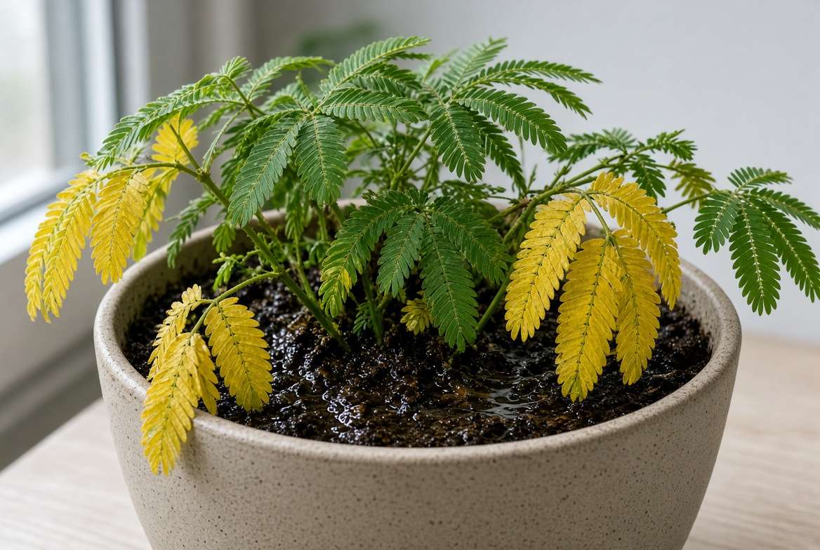 A sensitive plant showing yellowing and drooping leaves, which is a common sign of overwatering and root rot.