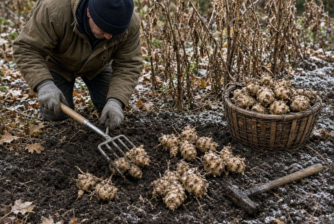 Digging up a heavy harvest of Jerusalem artichoke tubers from the cold soil using a spading fork. Let me generate one of these for you to show the quality you can expect. Let's start with Image 4, "Harvesting the Rewards after the Frost."